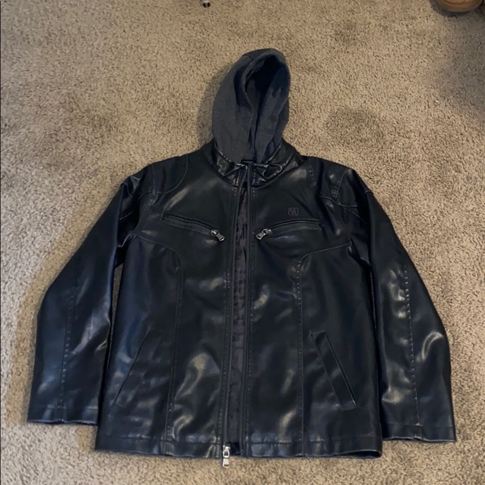 Zip up leather jacket with fabric hood